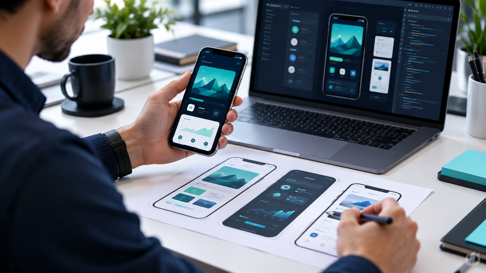 Mobile app development workspace with smartphone UI designs